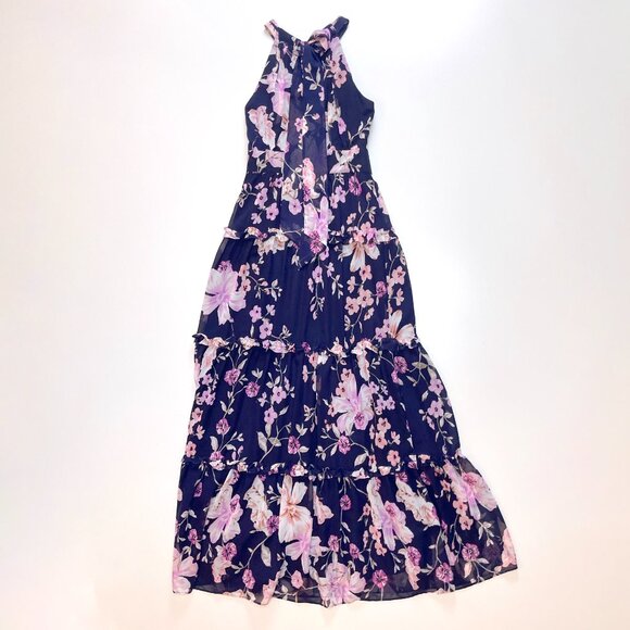 Eliza J Floral‎ Halter Ruffle Maxi Dress Navy Pink Flower Dress 2 - Picture 5 of 9